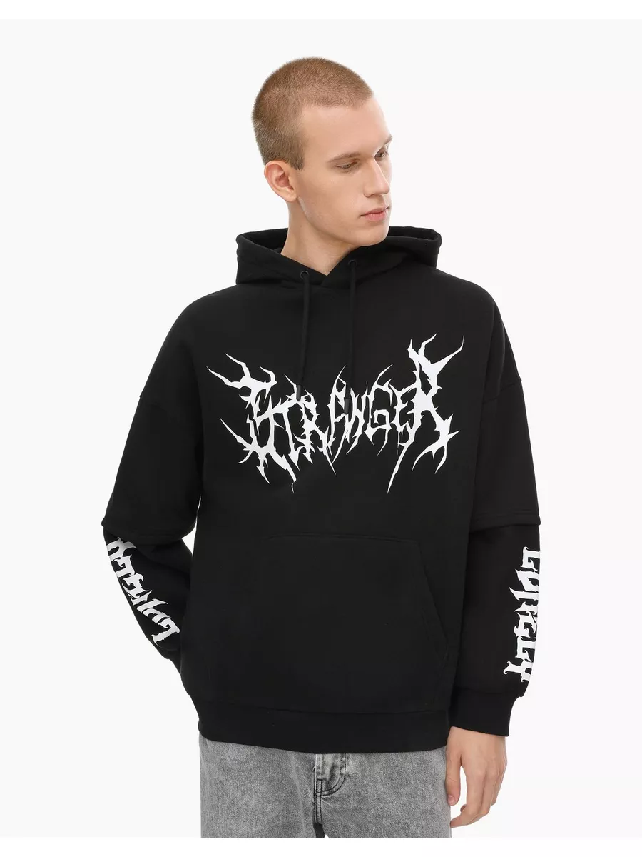 Чёрное худи oversize с принтом