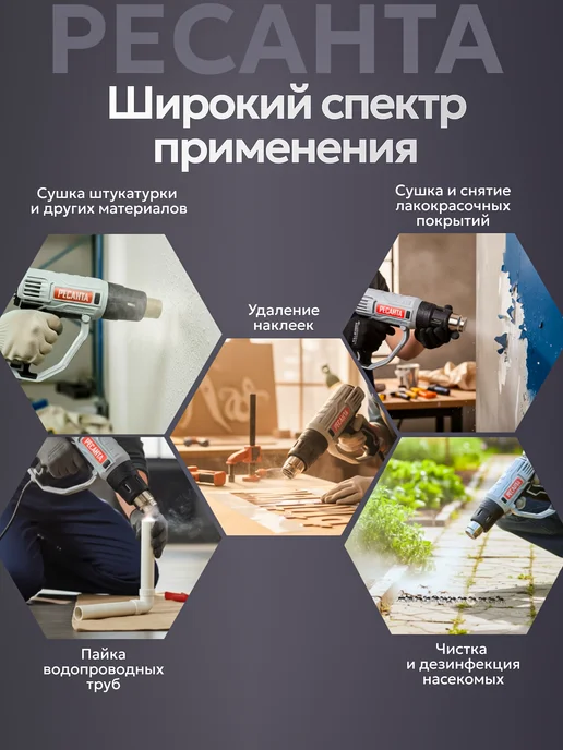 РЕСАНТА Фен строительный профессиональный с насадками ФЭ-2000К, черный, фото 6