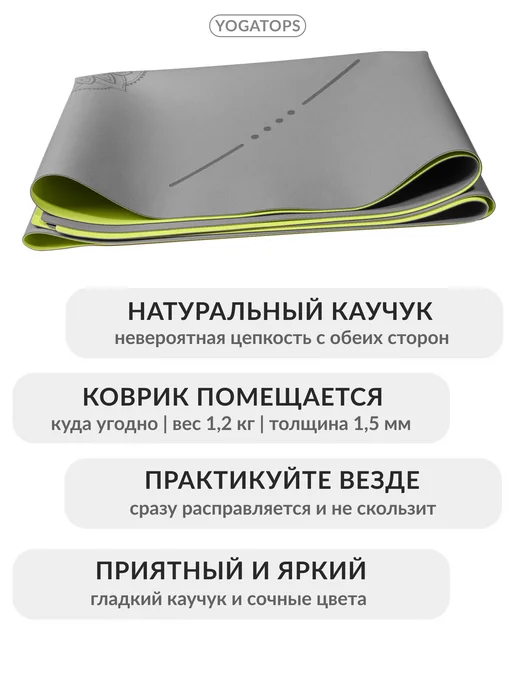 Yogatops УЛЬТРАцепкий легкий тонкий 100%-каучук коврик для йоги, серый, фото 2