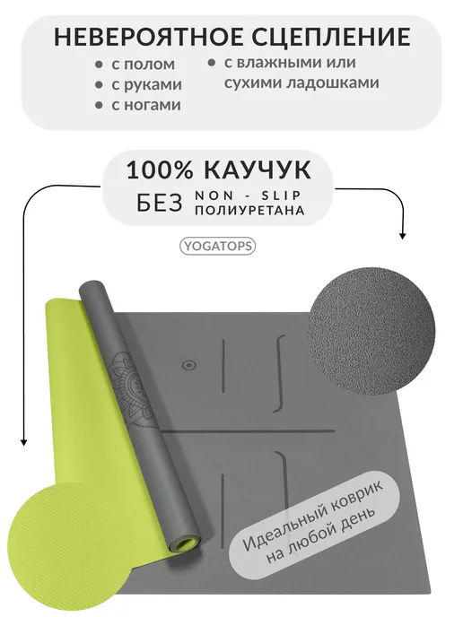 Yogatops УЛЬТРАцепкий легкий тонкий 100%-каучук коврик для йоги, серый, фото 3