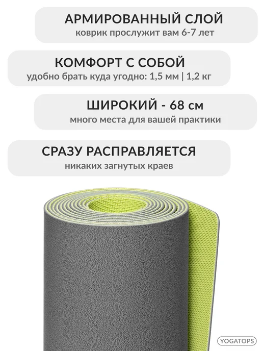 Yogatops УЛЬТРАцепкий легкий тонкий 100%-каучук коврик для йоги, серый, фото 4