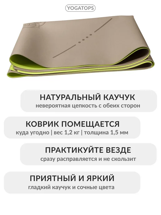 Yogatops УЛЬТРАцепкий легкий тонкий 100%-каучук коврик для йоги, коричневый, фото 2