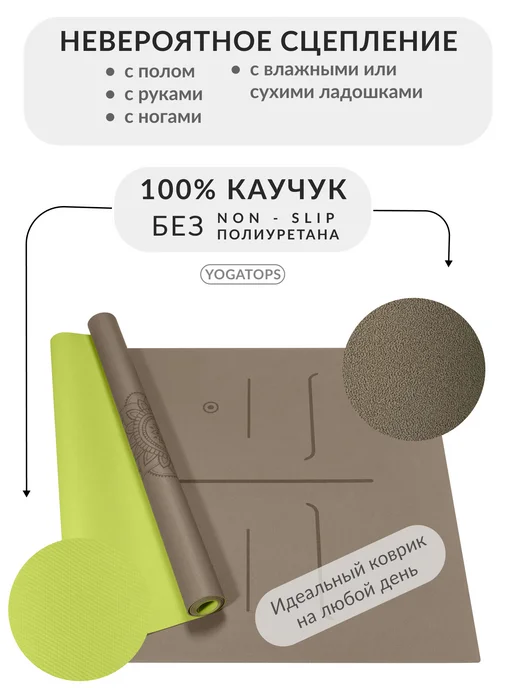 Yogatops УЛЬТРАцепкий легкий тонкий 100%-каучук коврик для йоги, коричневый, фото 3