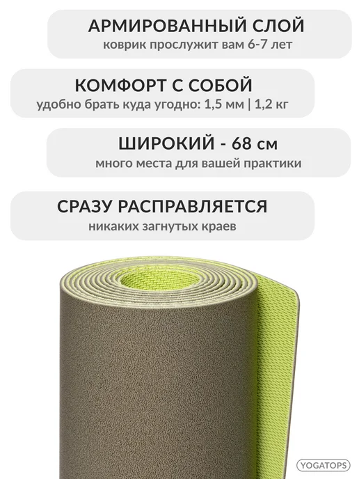 Yogatops УЛЬТРАцепкий легкий тонкий 100%-каучук коврик для йоги, коричневый, фото 4
