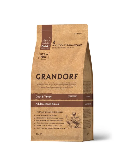 Сухой корм Grandorf' для собак, индейка, утка, 1 кг