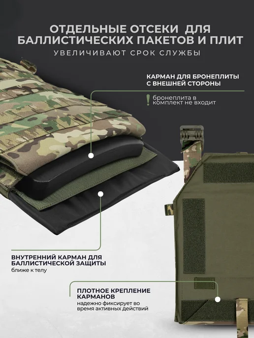 TOGA UNIT Бронежилет тактический с баллистикой БР2 плитник мультикам, зеленый, фото 4