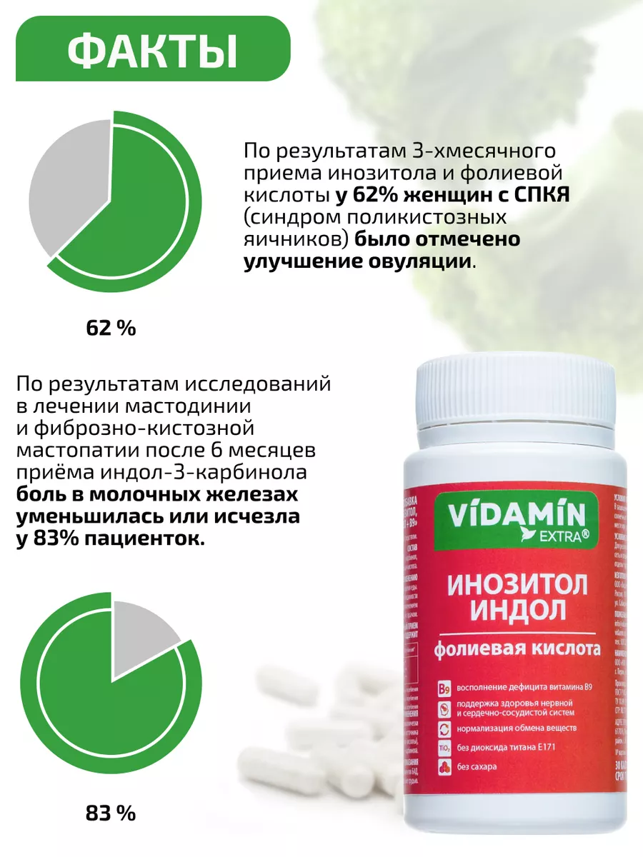 VIDAMIN EXTRA Инозитол 500 мг, индол-3-карбинол, 30 капсул