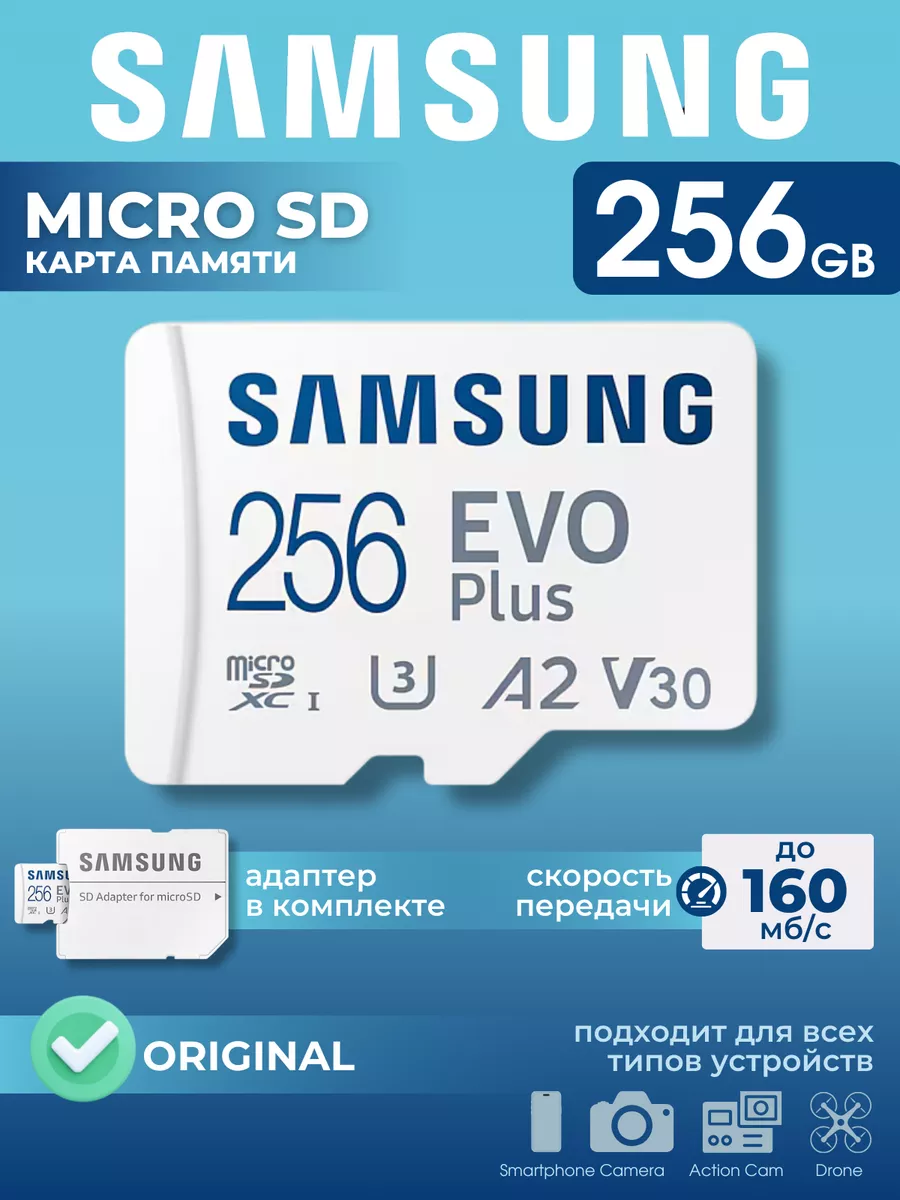 Карта памяти Microsd Class 10 Evo Plus 256 gb Samsung купить по цене 2 335 ₽ в интернет-магазине Wildberries в Узбекистане ? 182465306