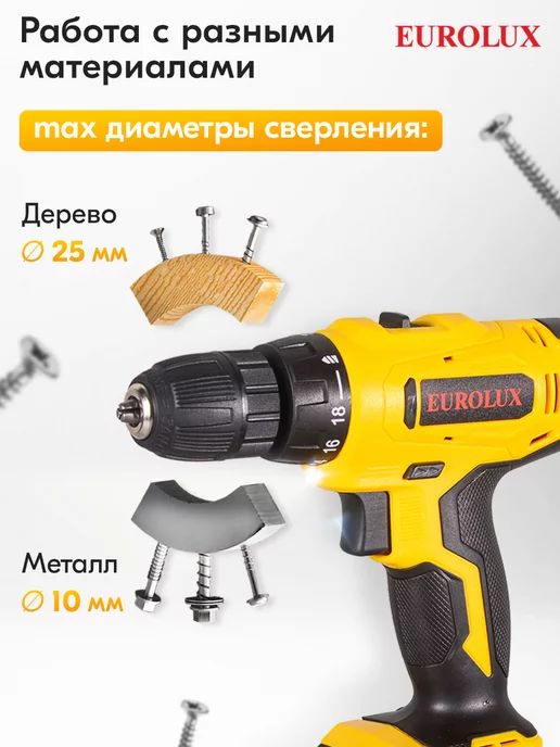 EUROLUX Дрель-шуруповерт аккумуляторная ДА-16 2Li, вариант, фото 3