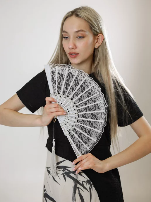 asiaveershop Веер ажурный с кисточкой белый, белый, фото 3
