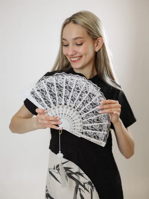 asiaveershop Веер ажурный с кисточкой белый, белый, фото 4