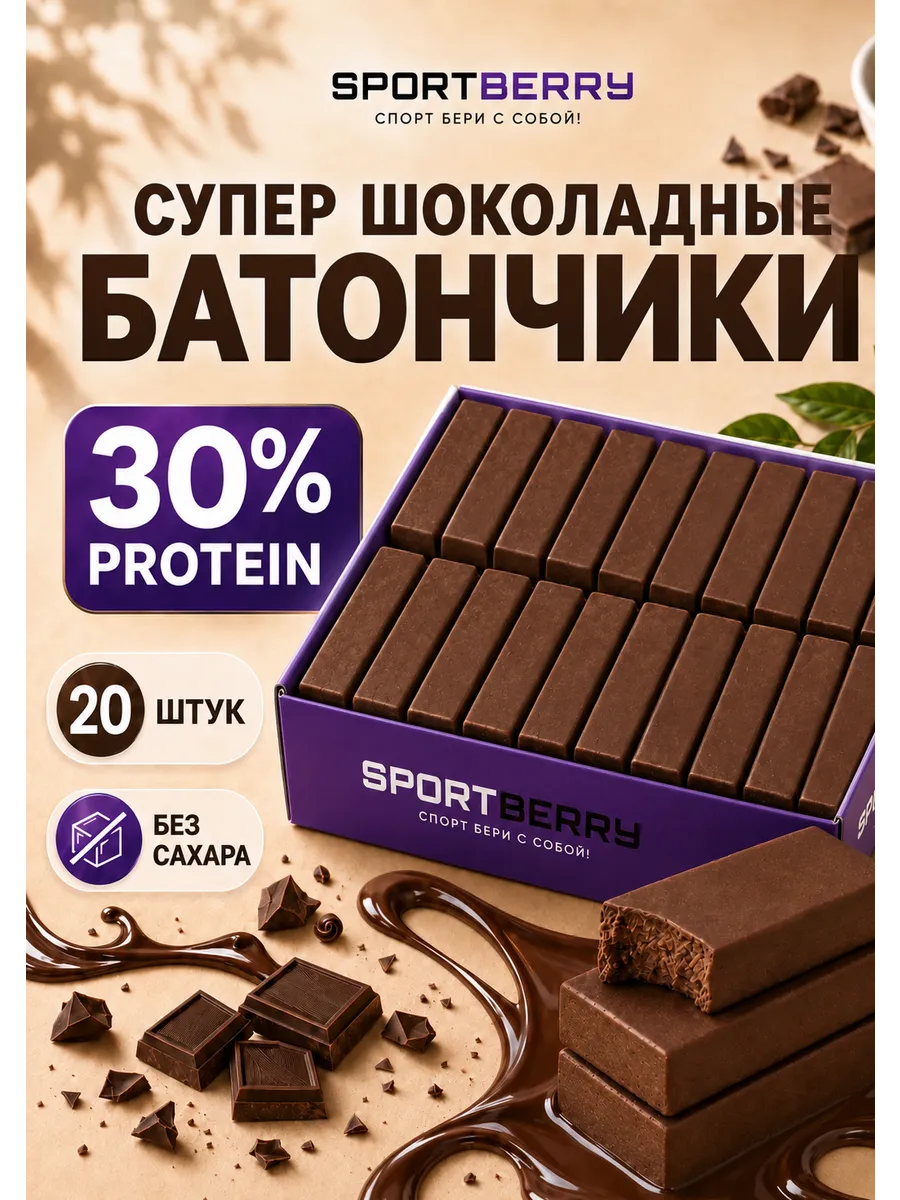 Протеиновые батончики без сахара Шоколад 30% protein 20 штук