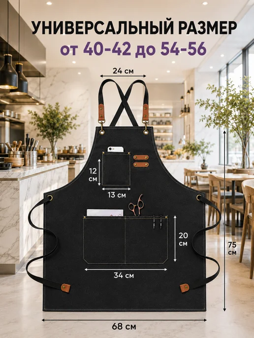 +Всем костюм! Фартук кухонный джинсовый рабочий с карманами, черный, фото 2