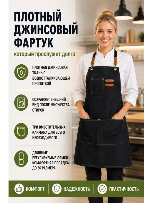 +Всем костюм! Фартук кухонный джинсовый рабочий с карманами, черный, фото 3