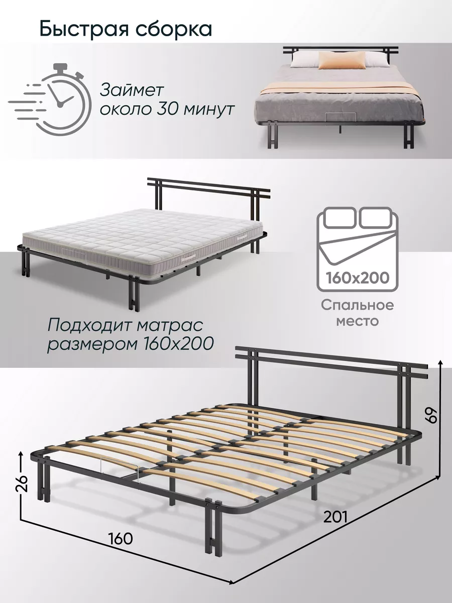 Кровать двуспальная 160х200 металлическая лофт для спальни AMI 183584254  купить за 6 013 ₽ в интернет-магазине Wildberries