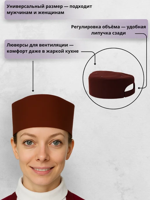 Kupifartuk Колпак поварской шапка-таблетка с люверсом темно-синий, коричневый, фото 2