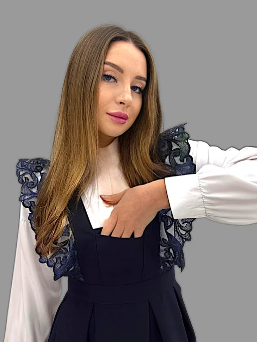 Cherry LIKE фартук школьный белый на 1 сентября, синий, фото 3