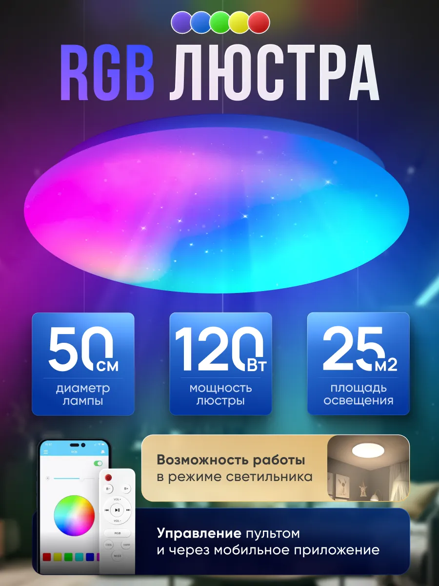 Люстра потолочная светодиодная RGB светильник с пультом