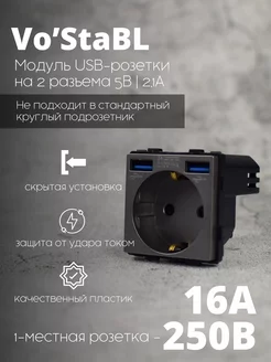 Розетка серая с двумя usb входами. Механизм Vo