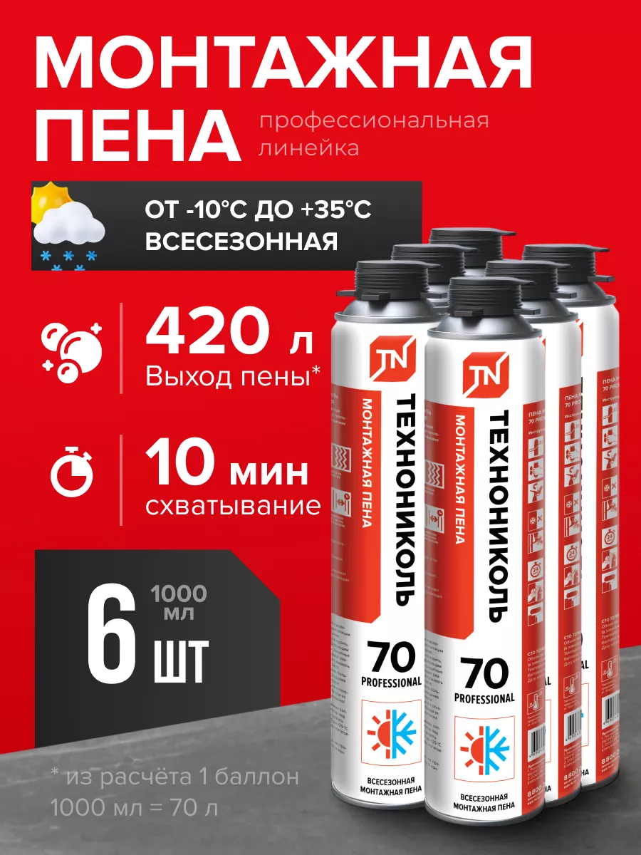Монтажная пена всесезонная 70 проф под пистолет 6 штук