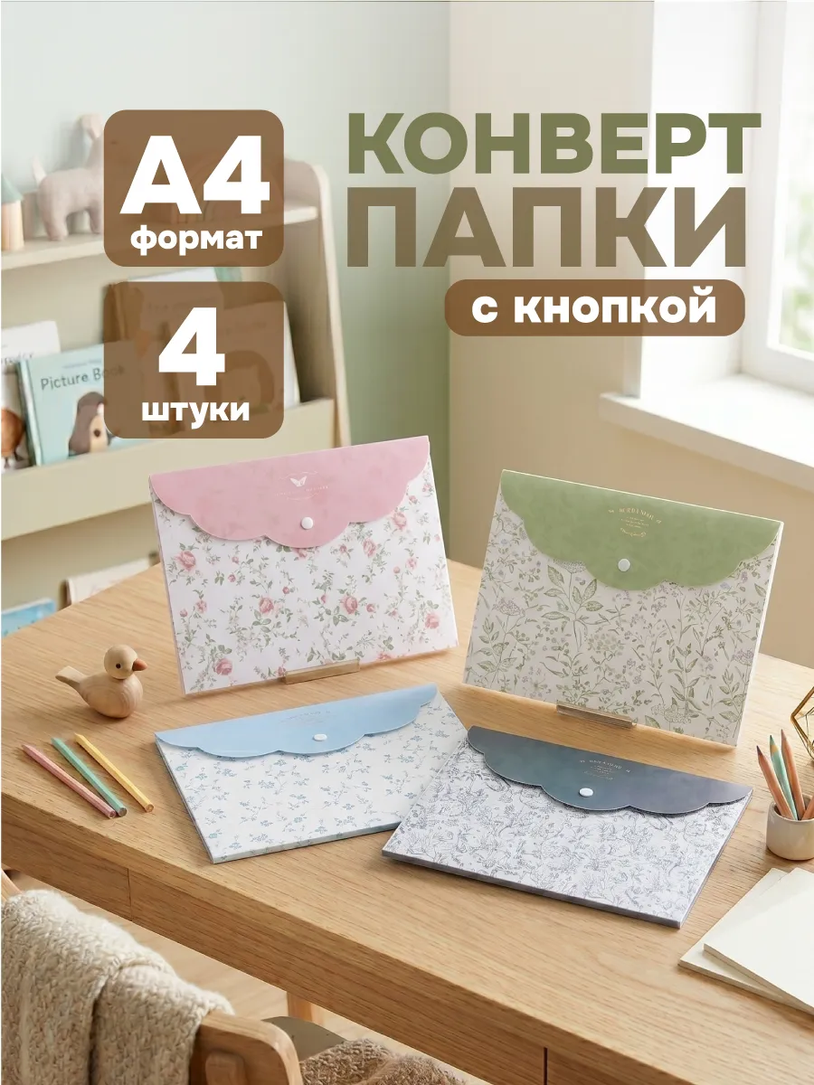 Папки - конверт с кнопкой Цветочки 4 шт