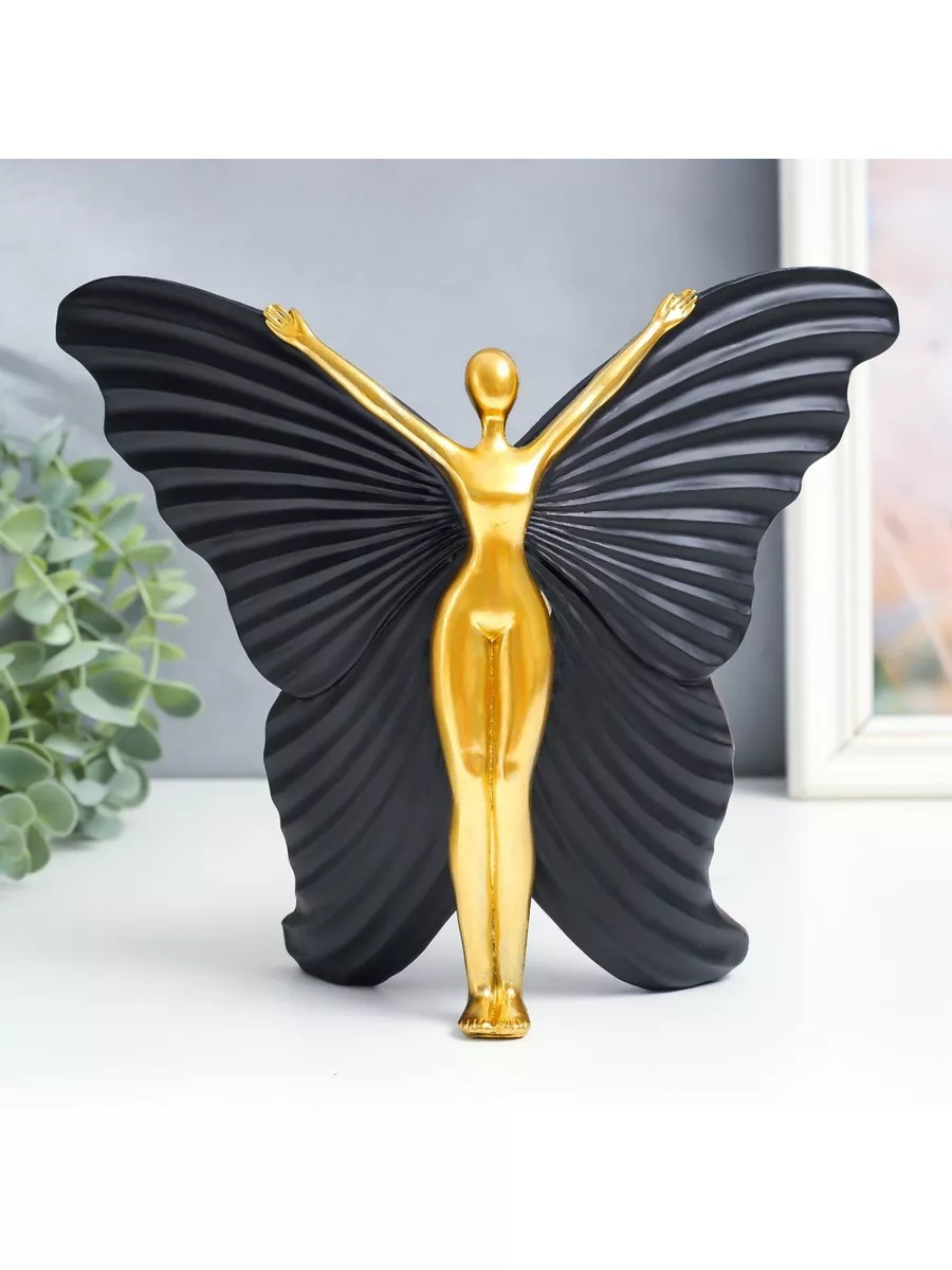 Сувенир полистоун Девушка-бабочка чёрный с золотом 25х8х20