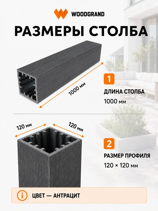 WOODGRAND Столб для ограждения из МПК, Антрацит, 1 метр - 2 шт, 1 м, 1 шт, фото 3