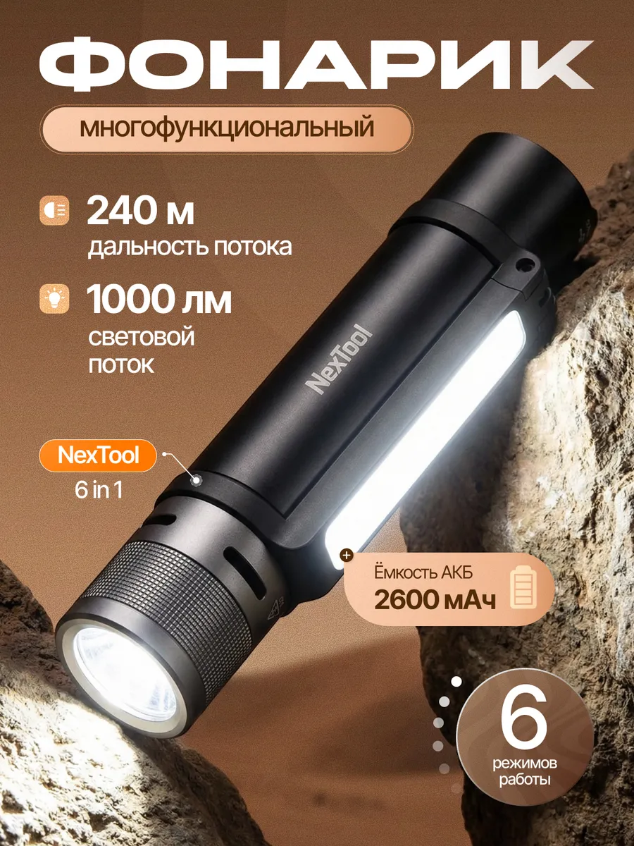 Фонарик аккумуляторный NexTool 6 в 1 с магнитным креплением