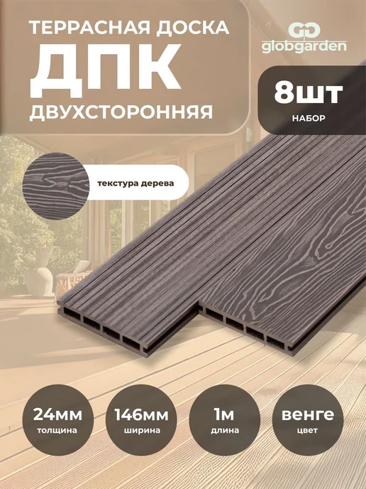 globgarden Террасная доска ДПК 24х146х1000мм, набор 8шт, 8 шт