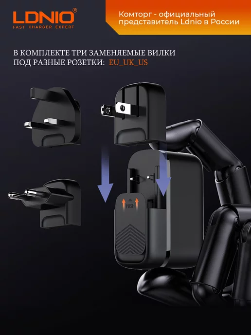 LDNIO Быстрое зарядное устройство для телефона 3 USB GaN 65W, 65 Вт, фото 3