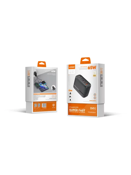 LDNIO Быстрое зарядное устройство для телефона 3 USB GaN 65W, 65 Вт, фото 8