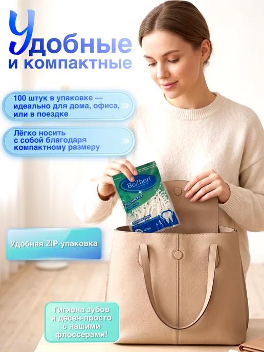 BoZhen Зубная нить флоссер с зубочисткой 100 шт, 100 шт, фото 8