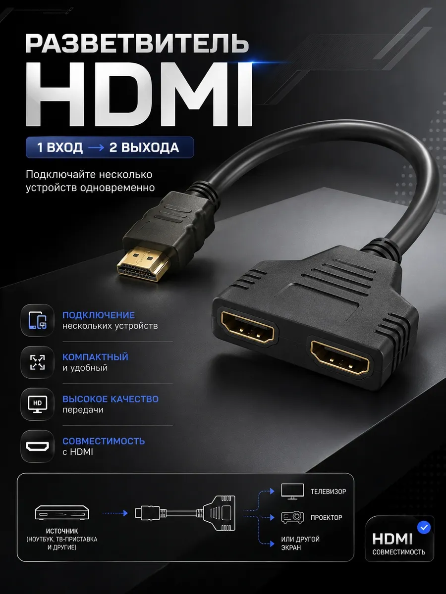 Разветвитель сплиттер HDMI (папа) - 2x HDMI (мама) (30 см)