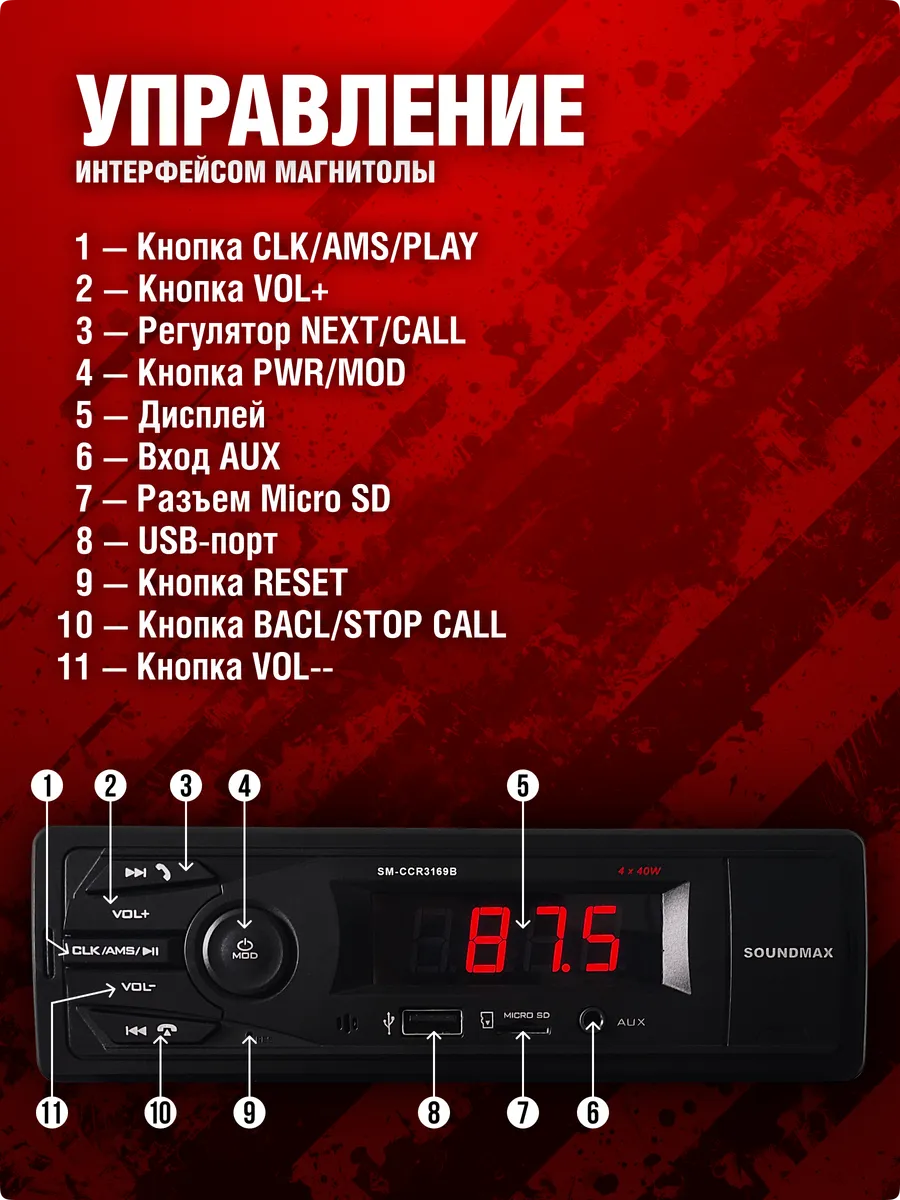 SOUNDMAX Автомагнитола SM-CCR3169B(Черный)