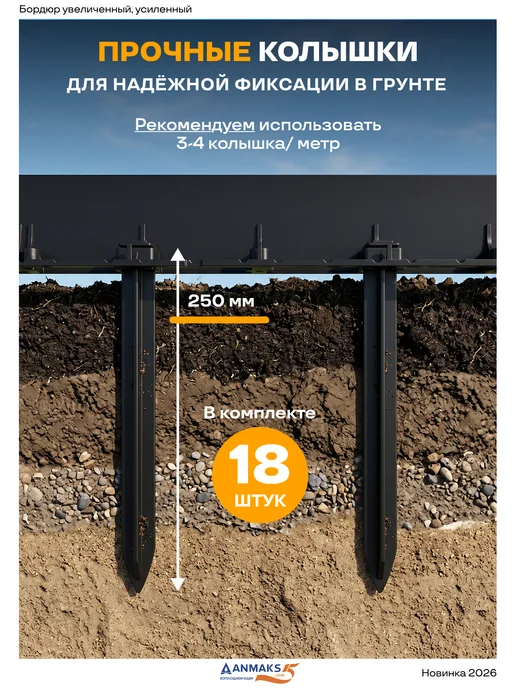 Anmaks Садовый бордюр пластиковый L-1000 мм, H-80 мм + 18 колышков, черный, фото 4