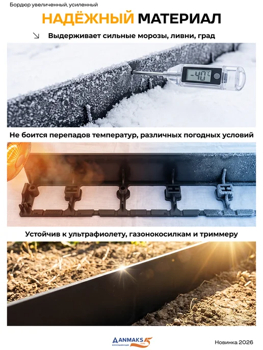 Anmaks Садовый бордюр пластиковый L-1000 мм, H-80 мм + 18 колышков, черный, фото 5