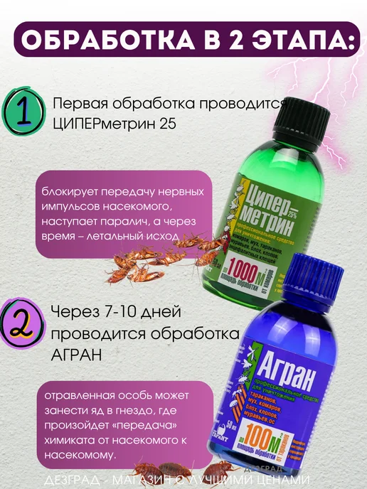 Дезград Циперметрин + Агран от тараканов, клопов, от блох 2 по 50 мл, 50 мл, фото 2