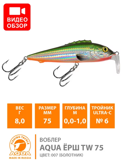 Aqua Воблер рыболовный плавающий Ерш Tw 75mm 8g цвет 007, 8 г