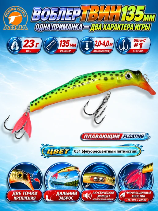 Aqua Воблер рыболовный плавающий Твин 135mm 23g цвет 051, 23 г