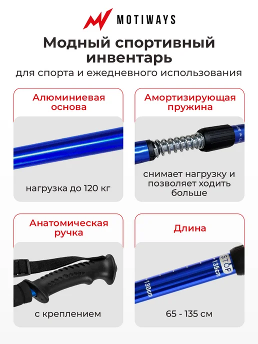 Motiways Палки для скандинавской ходьбы телескопические 65-135, синий, фото 2