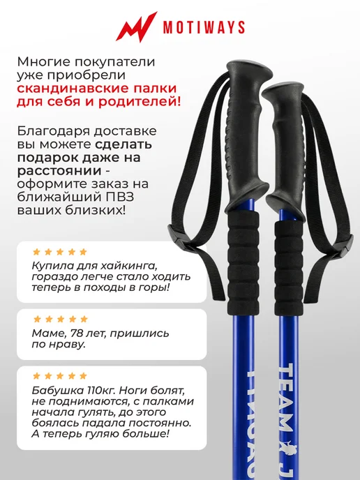 Motiways Палки для скандинавской ходьбы телескопические 65-135, синий, фото 8