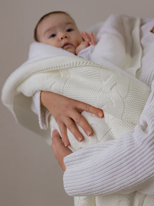 AINA Baby Теплый плед для новорожденных вязаный на выписку зима, белый, фото 2