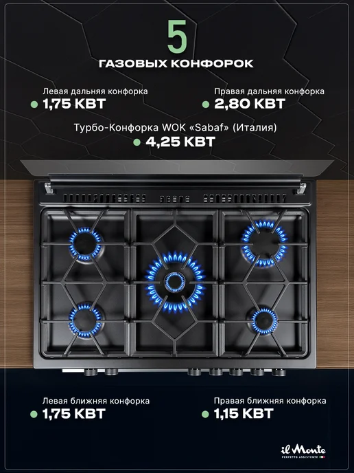 il Monte Газовая плита с духовкой для кухни, Газ-контроль, черный, фото 3