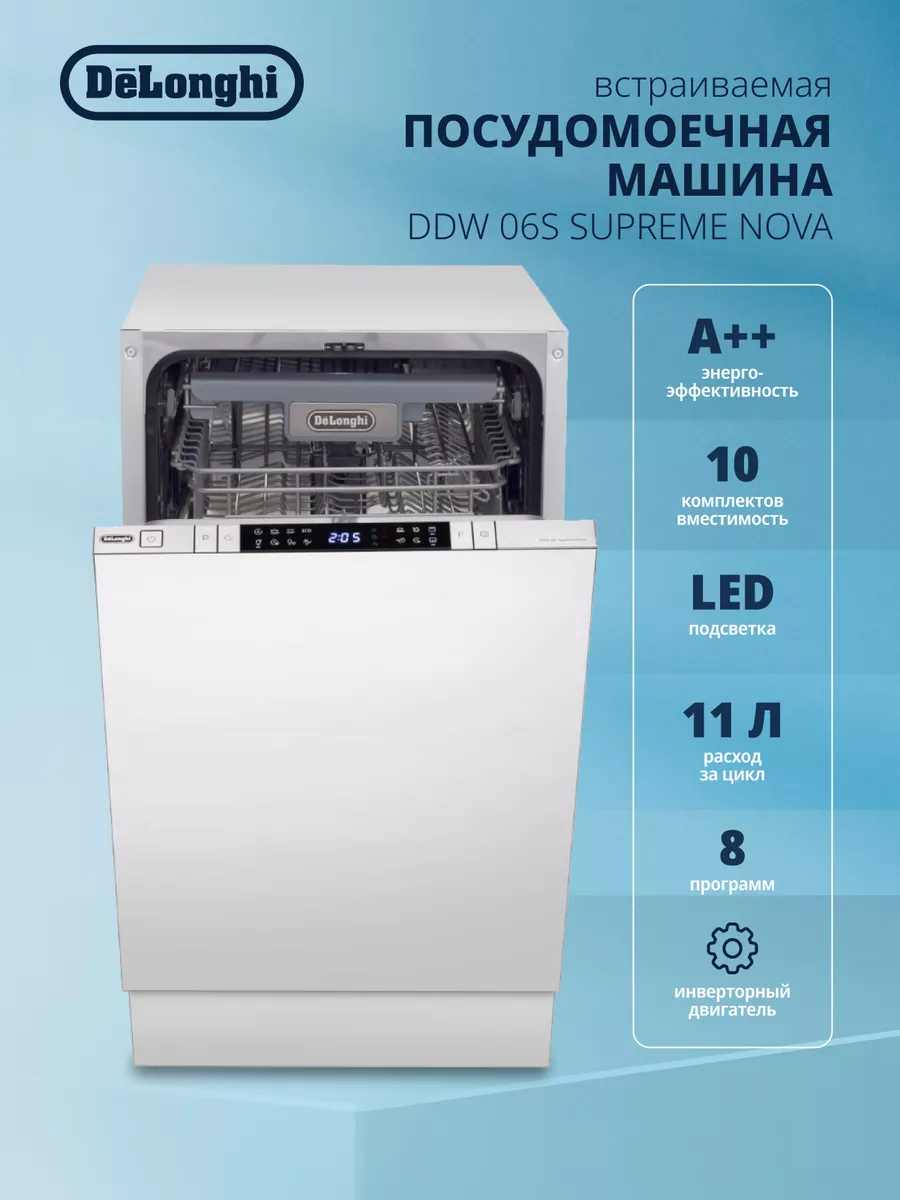 Встраиваемая посудомоечная машина DDW06S Supreme Nova, 45 см Delonghi  190044499 купить за 64 635 ₽ в интернет-магазине Wildberries