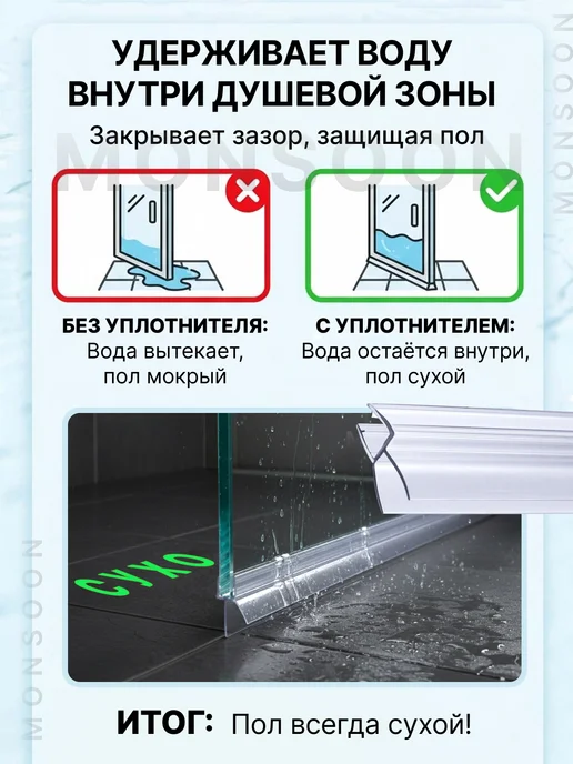 MONSOON˙ Уплотнитель для душевой кабины 8 мм ТЦ12 U3211 73 см, вариант, фото 4