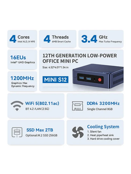 Beelink Мини ПК MINI S12 Intel N95 8 ГБ+256 ГБ, 8 ГБ, 256 ГБ, фото 5