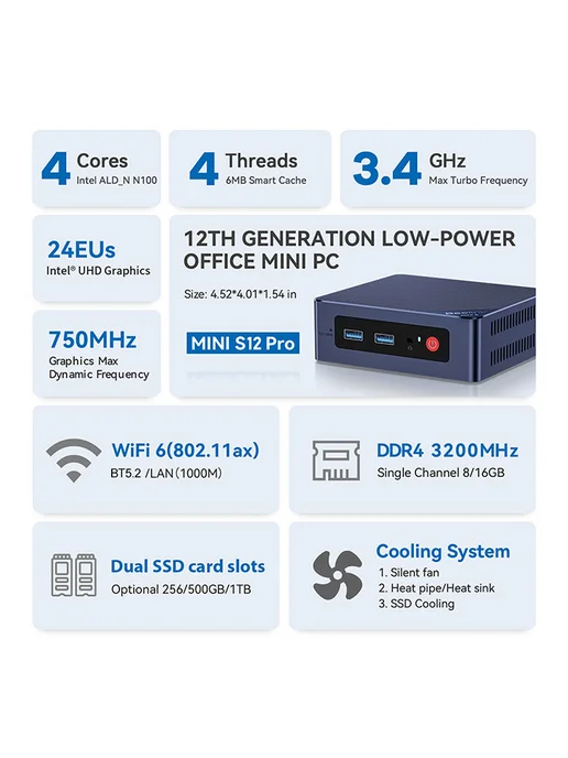 Beelink Мини ПК MINI S12 PRO Intel N100, 16ГБ+500 ГБ, 16 ГБ, 500 ГБ, фото 5