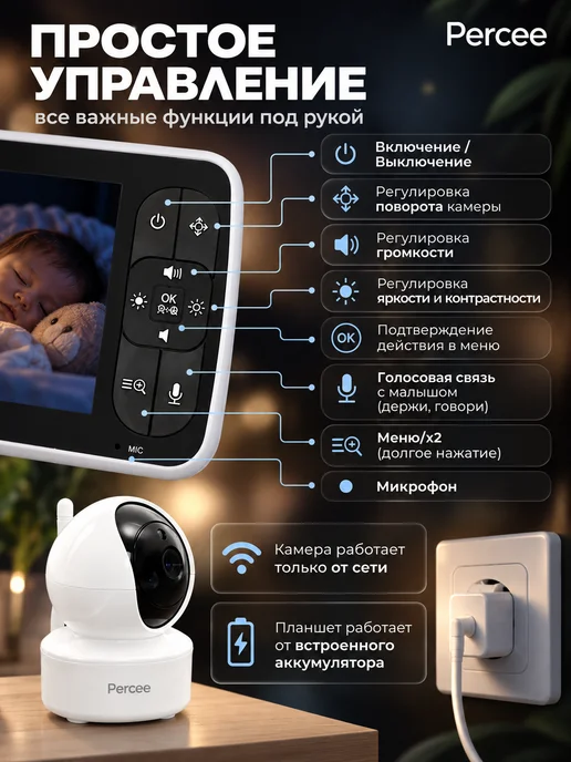 Percee Видеоняня с монитором беспроводная без WI FI, вариант, фото 7