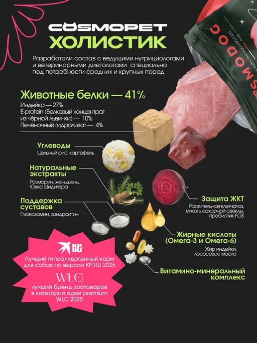Сухой корм cosmodog для собак, крупные, средние, индейка, 2 кг, фото 2
