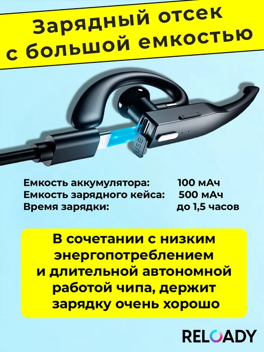 RELOADY Беспроводная блютуз гарнитура с микрофоном, черный, фото 6